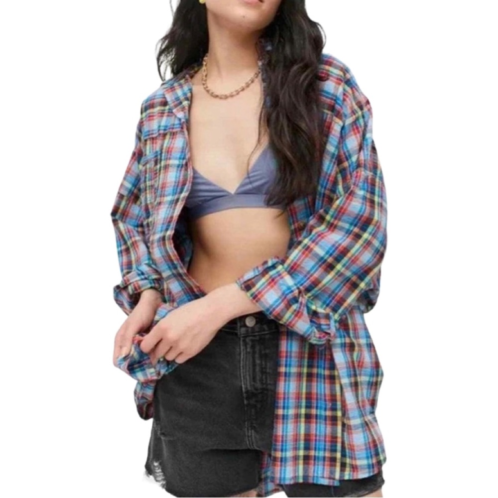 Urban Oufitters Slouchy Plaid Seersucker Shirt S Oversized Multicolored - Picture 2 of 13